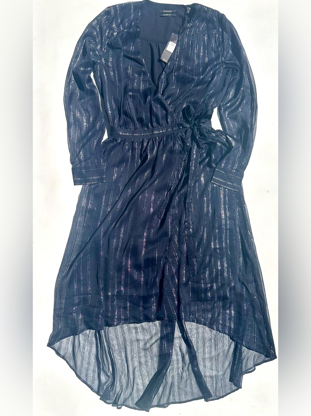 NWT Scotch & Soda Navy Metallic Stripe Wrap Midi High-Low Dress, Belt, M